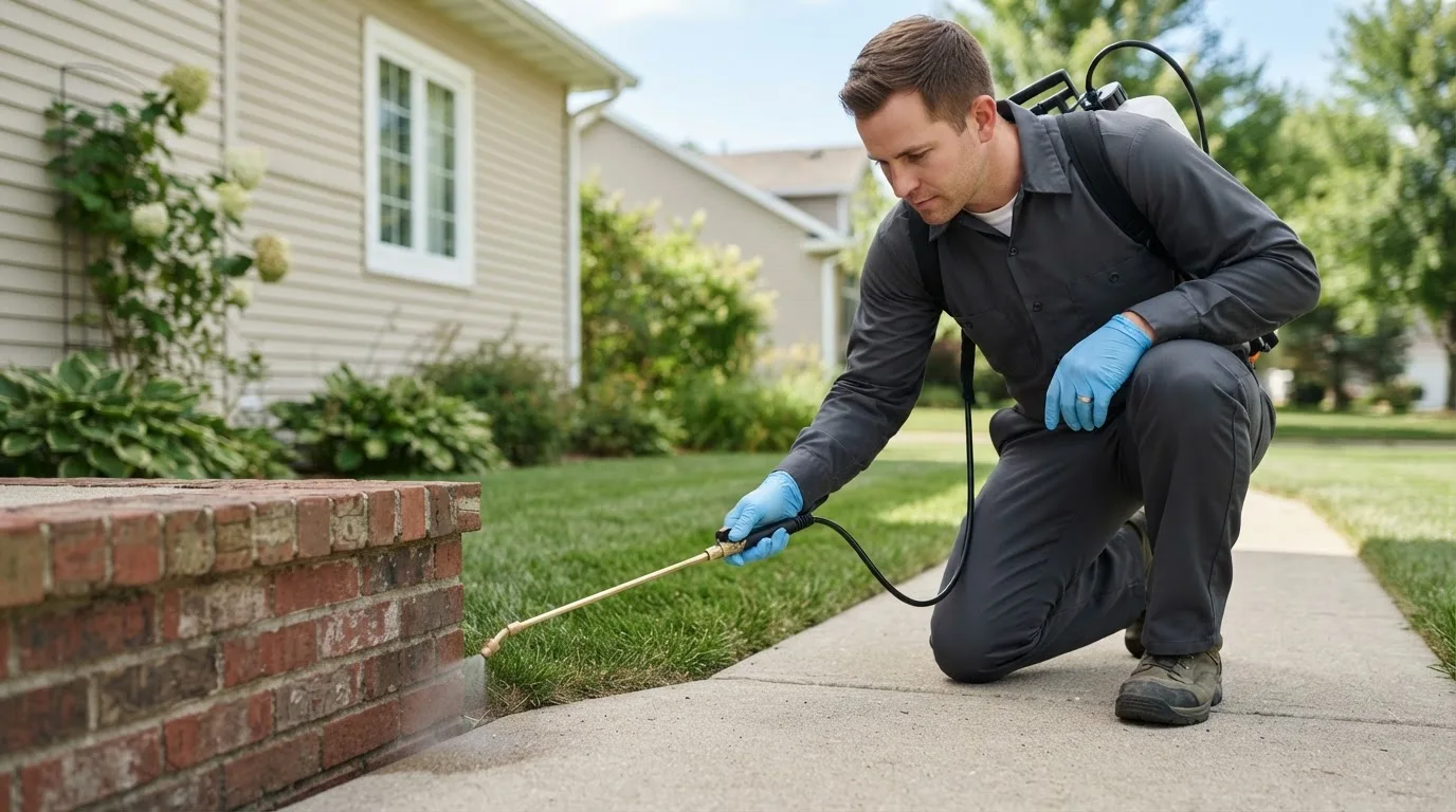 Pest control technician treating a home near Wattsburg, PA